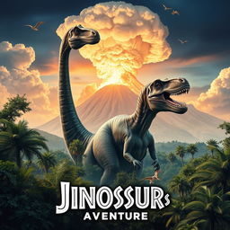 Um cartaz cinematográfico que retrata a era mesozóica, apresentando uma paisagem pré-histórica exuberante com dinossauros vagando livremente