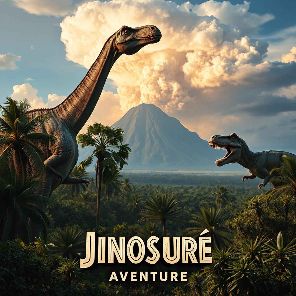 Um cartaz cinematográfico que retrata a era mesozóica, apresentando uma paisagem pré-histórica exuberante com dinossauros vagando livremente