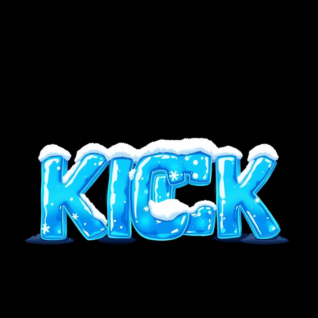 A vibrant 2D illustration showcasing the word 'KICK' in bold, icy blue letters that appear frozen, featuring a glossy and reflective ice-like texture