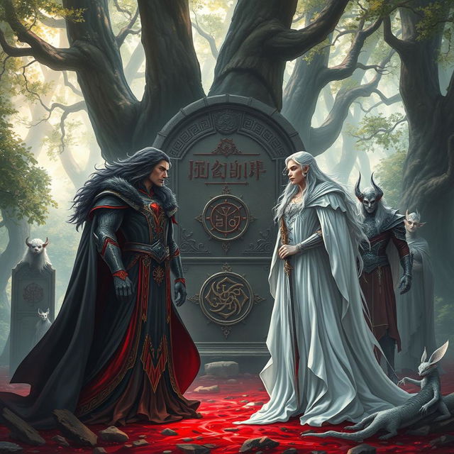 An intricate and dramatic depiction of two powerful bloodlines, one flowing with rich red blood symbolizing strength and the other with pure white flowing as milk representing purity