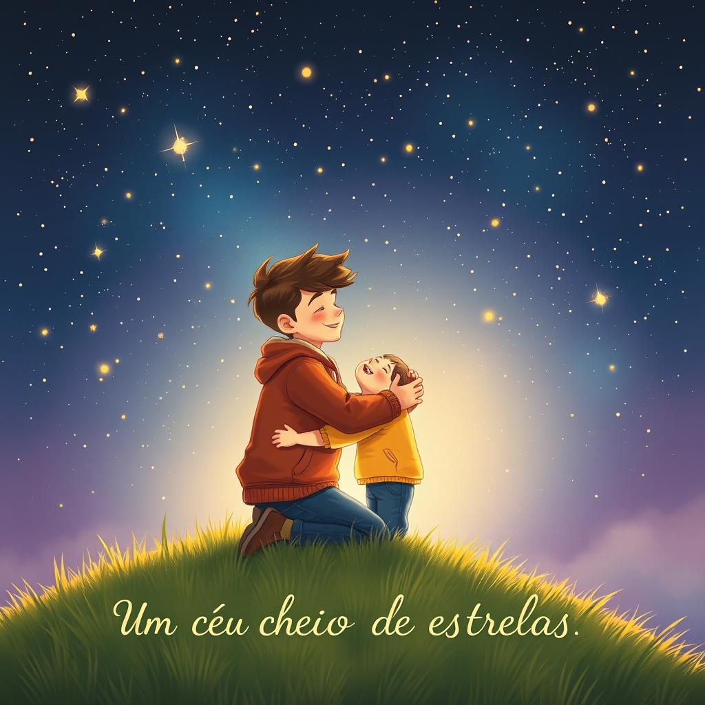 Create an evocative book cover illustration for 'Um céu cheio de estrelas' featuring two boys in love, tenderly embracing each other under a stunning sky filled with countless twinkling stars