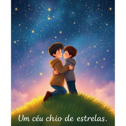 Create an evocative book cover illustration for 'Um céu cheio de estrelas' featuring two boys in love, tenderly embracing each other under a stunning sky filled with countless twinkling stars