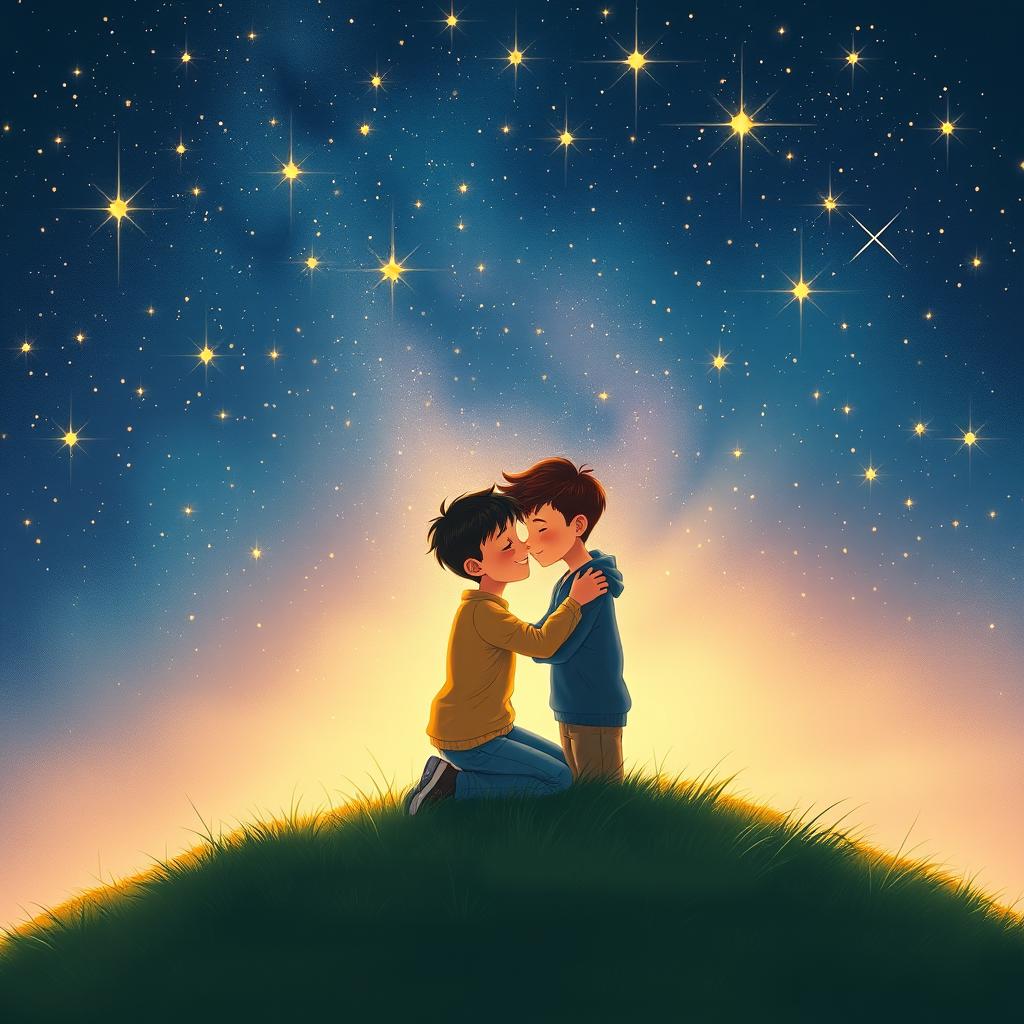 Create an evocative book cover illustration for 'Um céu cheio de estrelas' featuring two boys in love, tenderly embracing each other under a stunning sky filled with countless twinkling stars