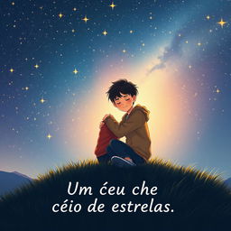 Create an evocative book cover illustration for 'Um céu cheio de estrelas' featuring two boys in love, tenderly embracing each other under a stunning sky filled with countless twinkling stars