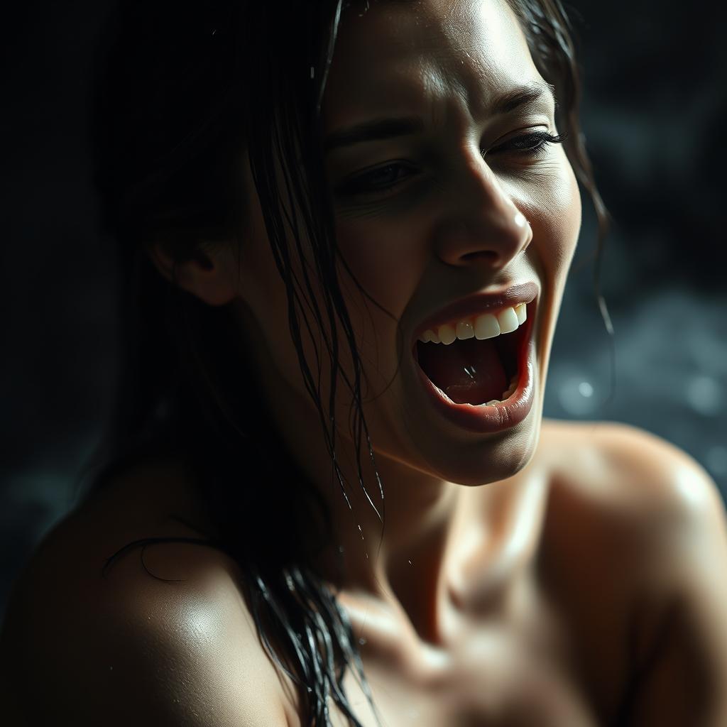 A dramatic and artistic close-up portrait of a woman resembling Eva Mendes, showcasing an expression of ecstasy and passion, with wet hair cascading down her shoulders