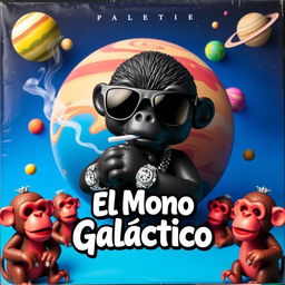 A vibrant music album cover featuring a black toy character in the center, wearing stylish black sunglasses