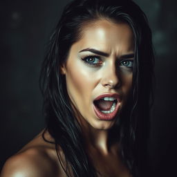 A dramatic and artistic close-up portrait of a woman resembling Eva Mendes, showcasing an expression of ecstasy and passion, with wet hair cascading down her shoulders