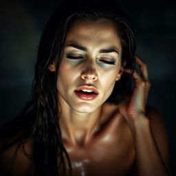 A dramatic and artistic close-up portrait of a woman resembling Eva Mendes, showcasing an expression of ecstasy and passion, with wet hair cascading down her shoulders