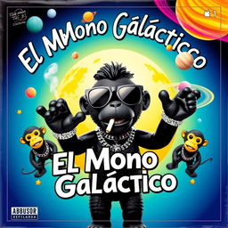 A vibrant music album cover featuring a black toy character in the center, wearing stylish black sunglasses