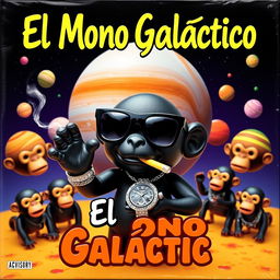 A vibrant music album cover featuring a black toy character in the center, wearing stylish black sunglasses