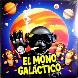 A vibrant music album cover featuring a black toy character in the center, wearing stylish black sunglasses