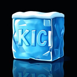 A captivating 2D illustration of a rectangular block of blue ice featuring the word 'KICK' prominently embossed on its surface