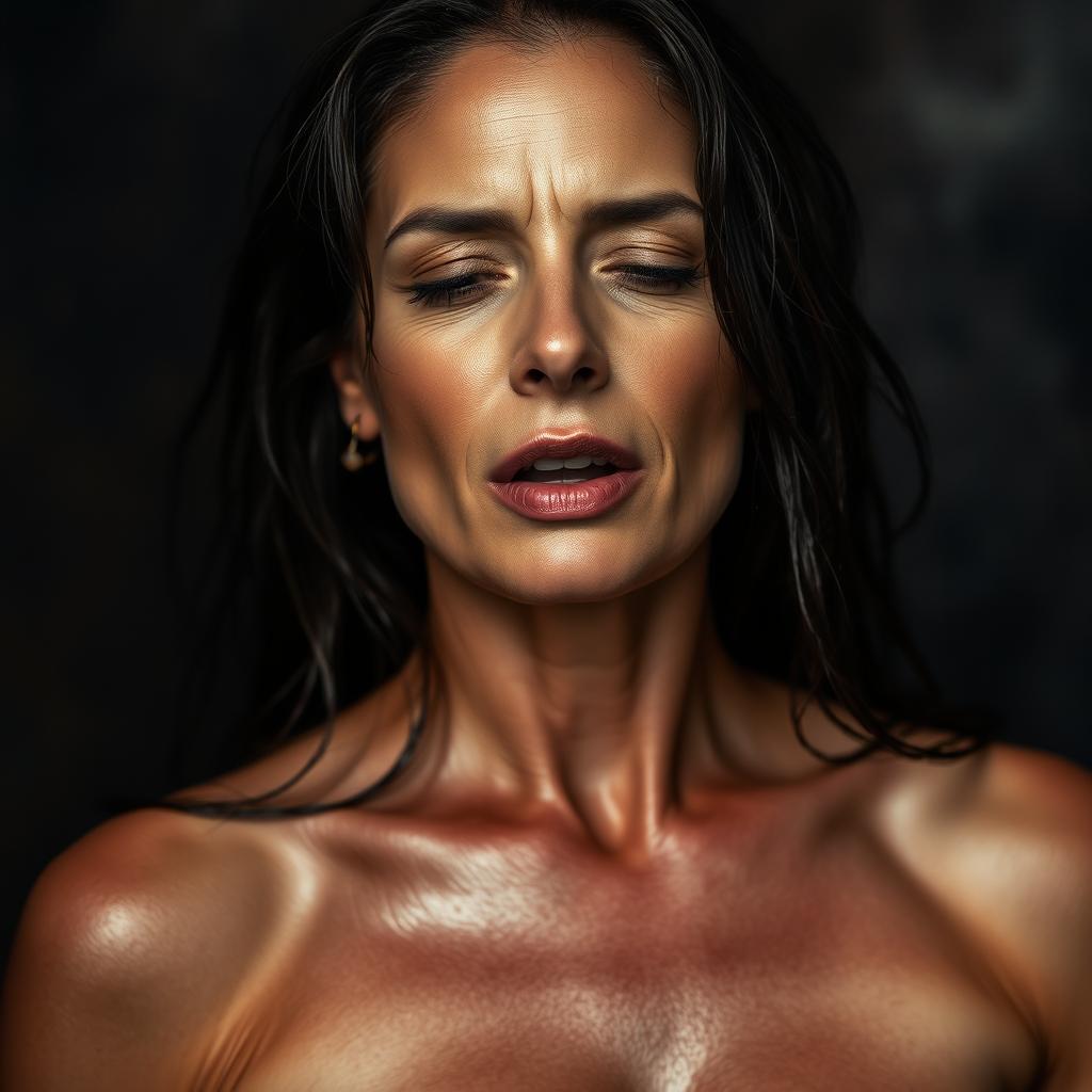 A dramatic and artistic close-up portrait of a mature woman resembling Eva Mendes, capturing an expression of ecstasy and passion, with wet hair cascading gracefully down her shoulders