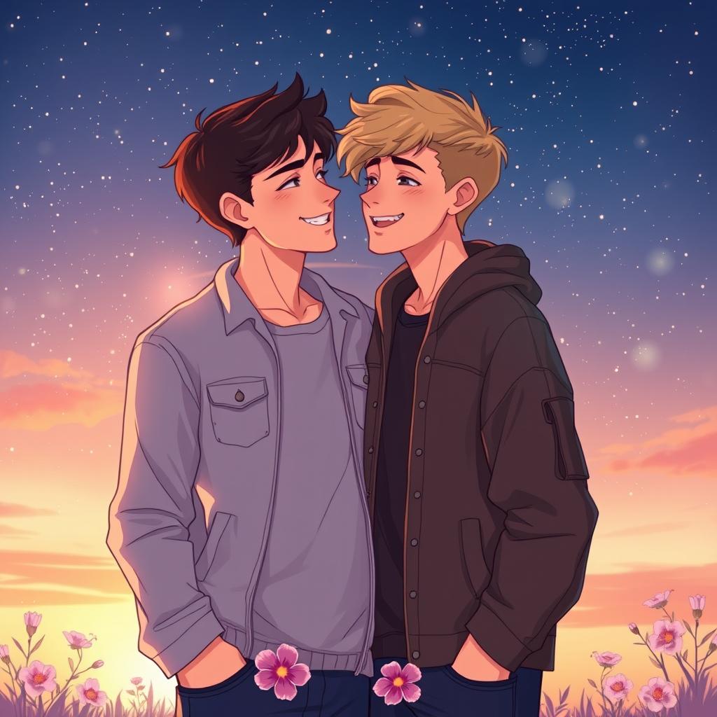 Create a visually stunning book cover illustration similar to the provided image, capturing two teenage boys in love, standing closely together