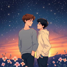 Create a visually stunning book cover illustration similar to the provided image, capturing two teenage boys in love, standing closely together