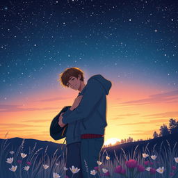 Create a visually stunning book cover illustration similar to the provided image, capturing two teenage boys in love, standing closely together