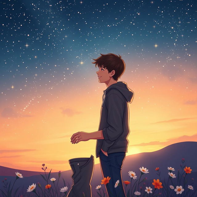 Create a visually stunning book cover illustration similar to the provided image, capturing two teenage boys in love, standing closely together