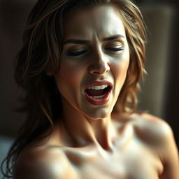 A captivating and artistic representation of a mature woman resembling Eva Mendes, expressing pure ecstasy and passion