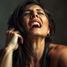 A captivating and artistic representation of a mature woman resembling Eva Mendes, expressing pure ecstasy and passion