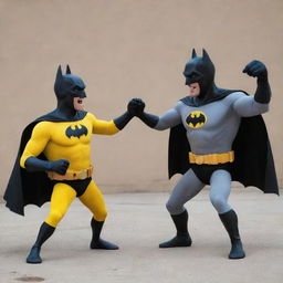 A quirky and dynamic image of Batman and SpongeBob SquarePants engaged in a friendly, non-violent fight, filled with humor and character-specific actions