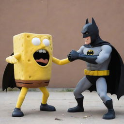 A quirky and dynamic image of Batman and SpongeBob SquarePants engaged in a friendly, non-violent fight, filled with humor and character-specific actions