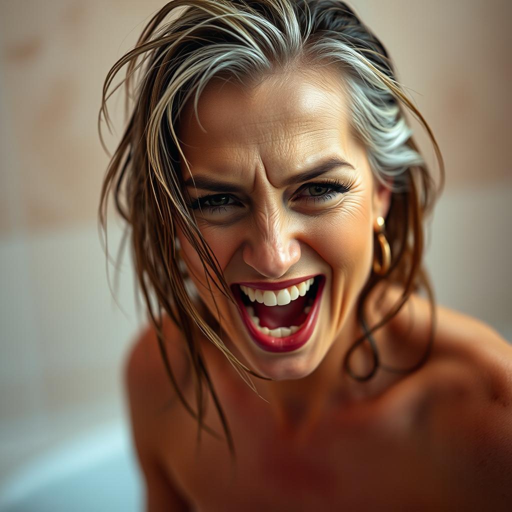 A vibrant and artistic portrayal of a mature woman conveying an expression of intense pleasure and excitement, with wet hair artistically styled around her face