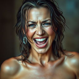 A vibrant and artistic portrayal of a mature woman conveying an expression of intense pleasure and excitement, with wet hair artistically styled around her face