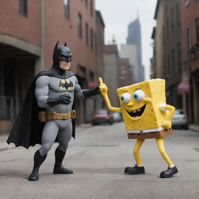 A quirky and dynamic image of Batman and SpongeBob SquarePants engaged in a friendly, non-violent fight, filled with humor and character-specific actions