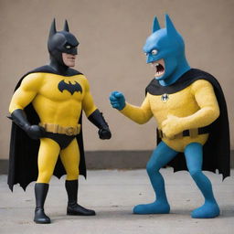 A quirky and dynamic image of Batman and SpongeBob SquarePants engaged in a friendly, non-violent fight, filled with humor and character-specific actions