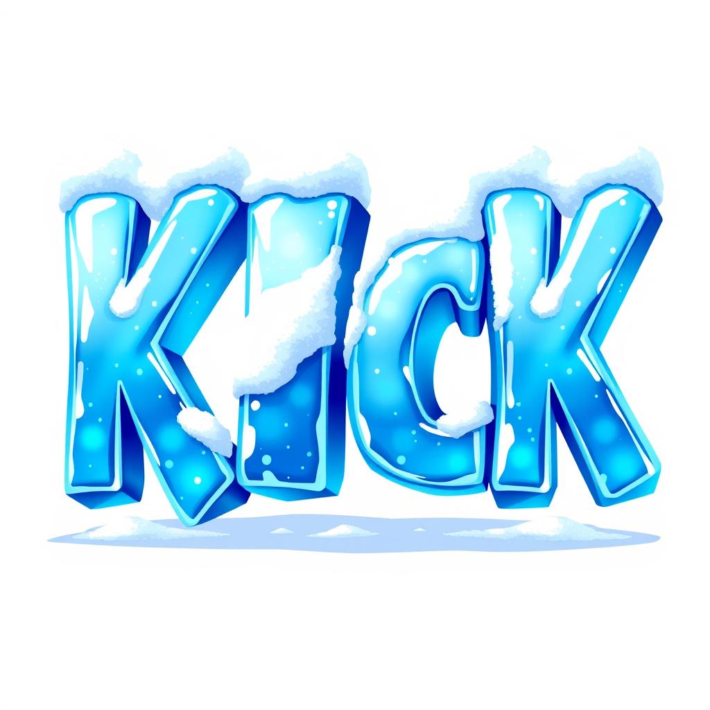 A vibrant 2D illustration displaying the word 'KICK' in bold, icy blue letters that resemble frozen ice, featuring a glossy and reflective texture