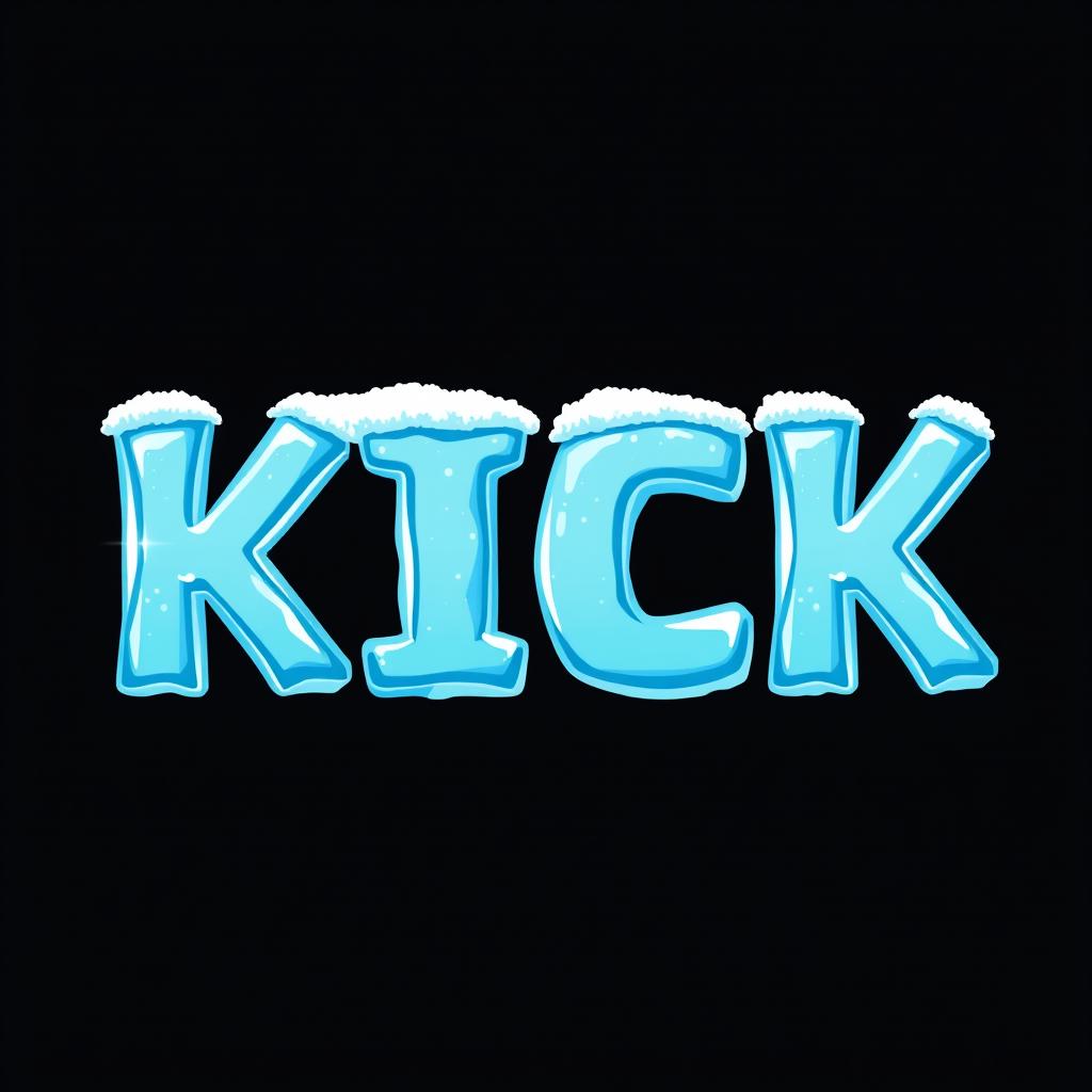 A simple yet striking 2D design featuring the word 'KICK' in bold, icy blue letters that mimic the appearance of frozen ice