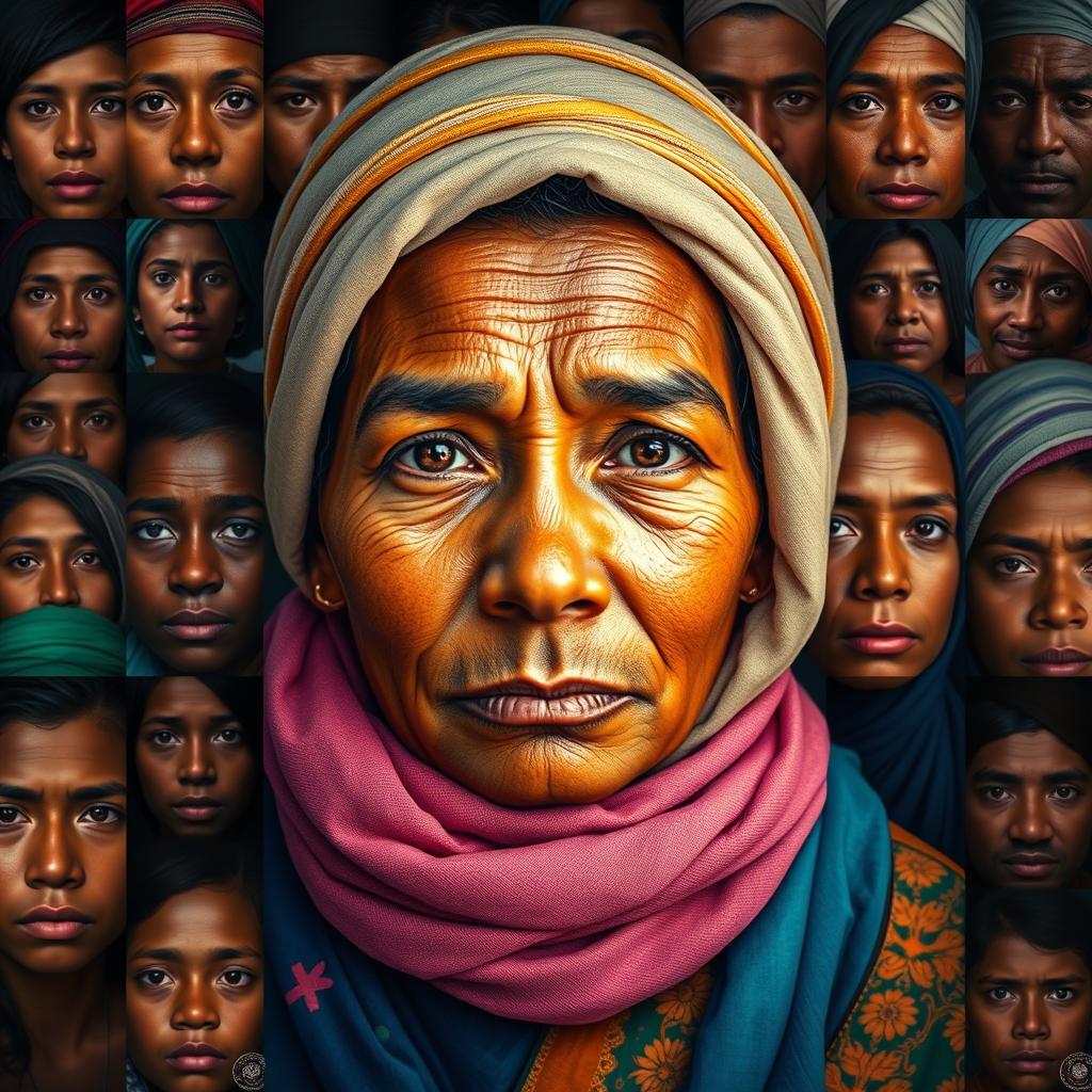 A vibrant and visually striking portrait series titled 'Cien Rostros Cien Vidas' by Ana Belouche, featuring one hundred diverse individuals, each telling their story through their unique facial expressions and cultural attire