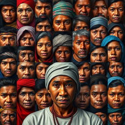 A vibrant and visually striking portrait series titled 'Cien Rostros Cien Vidas' by Ana Belouche, featuring one hundred diverse individuals, each telling their story through their unique facial expressions and cultural attire