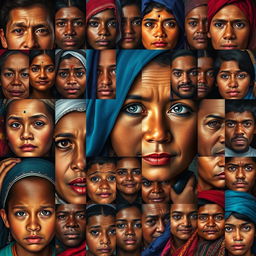 A vibrant and visually striking portrait series titled 'Cien Rostros Cien Vidas' by Ana Belouche, featuring one hundred diverse individuals, each telling their story through their unique facial expressions and cultural attire