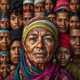 A vibrant and visually striking portrait series titled 'Cien Rostros Cien Vidas' by Ana Belouche, featuring one hundred diverse individuals, each telling their story through their unique facial expressions and cultural attire