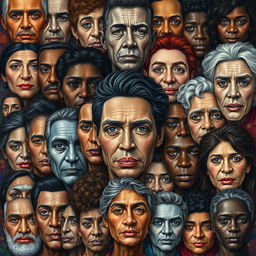 A striking, artistic composition featuring one hundred unique faces, each representing a different life story