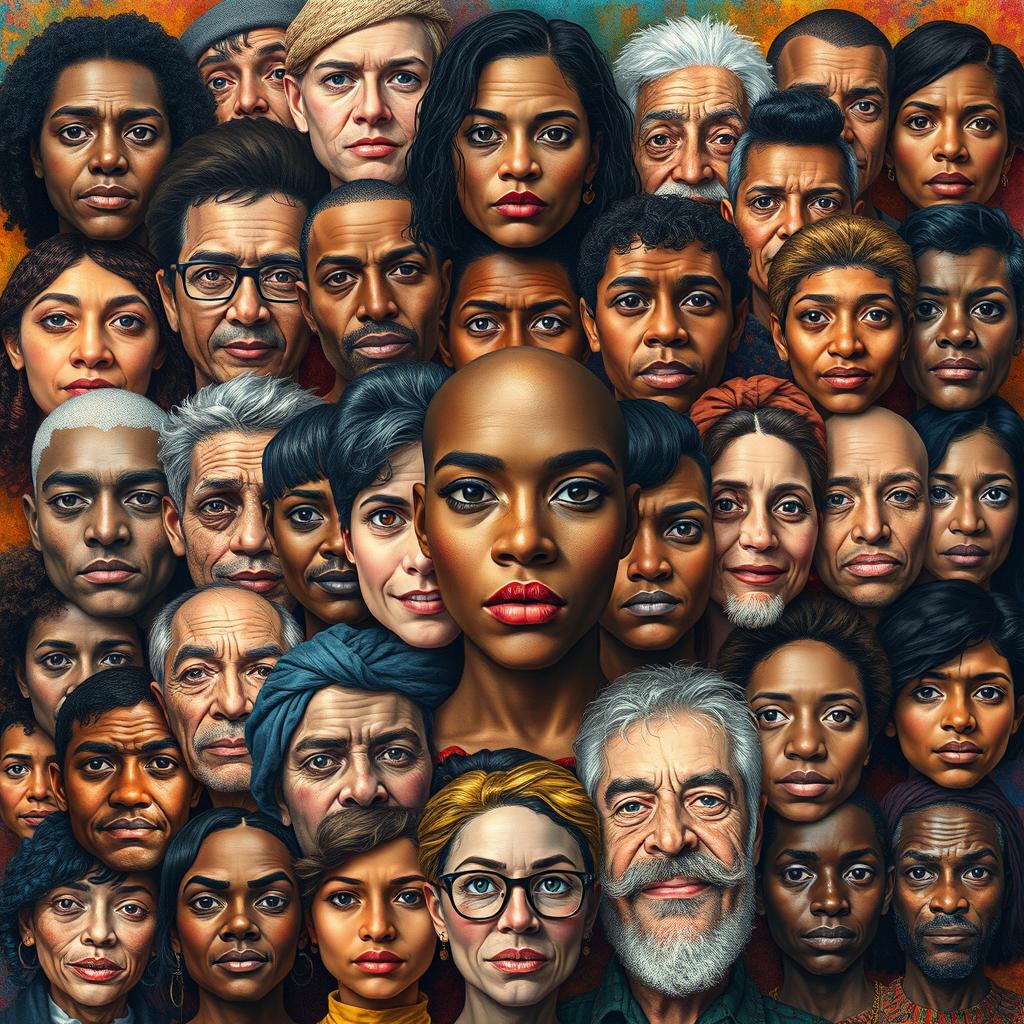 A striking, artistic composition featuring one hundred unique faces, each representing a different life story