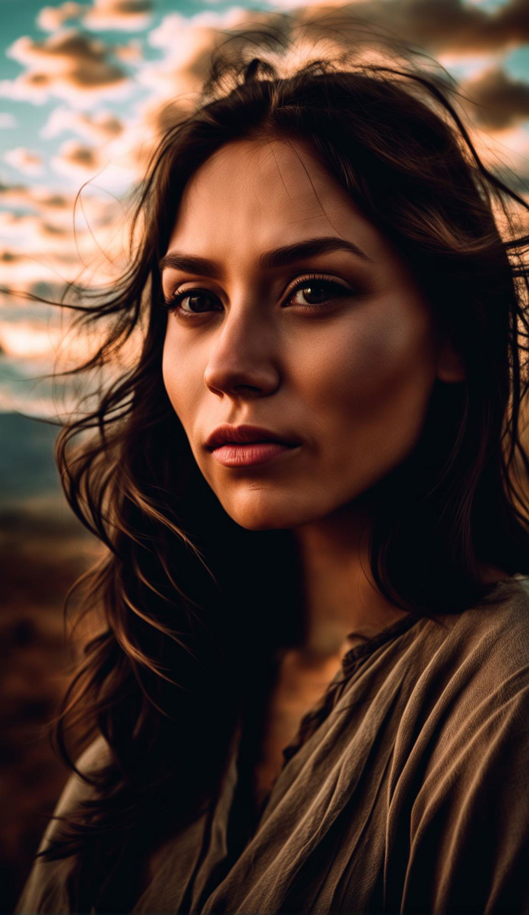 Unfiltered, unedited ultra high-resolution 36k real-life candid photograph of a beautiful 30-year-old Siberian woman with facial symmetry, round pupils, long eyelashes, full lips in side profile, low light, low angle against a landscape with clouds at sunset. Upper body shot showcasing detailed human skin and thick hair.