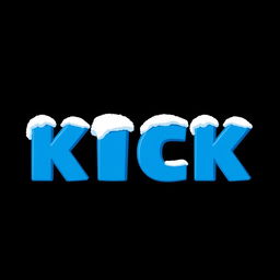 A bold 2D illustration of the word 'KICK' in striking blue letters set against a solid black background