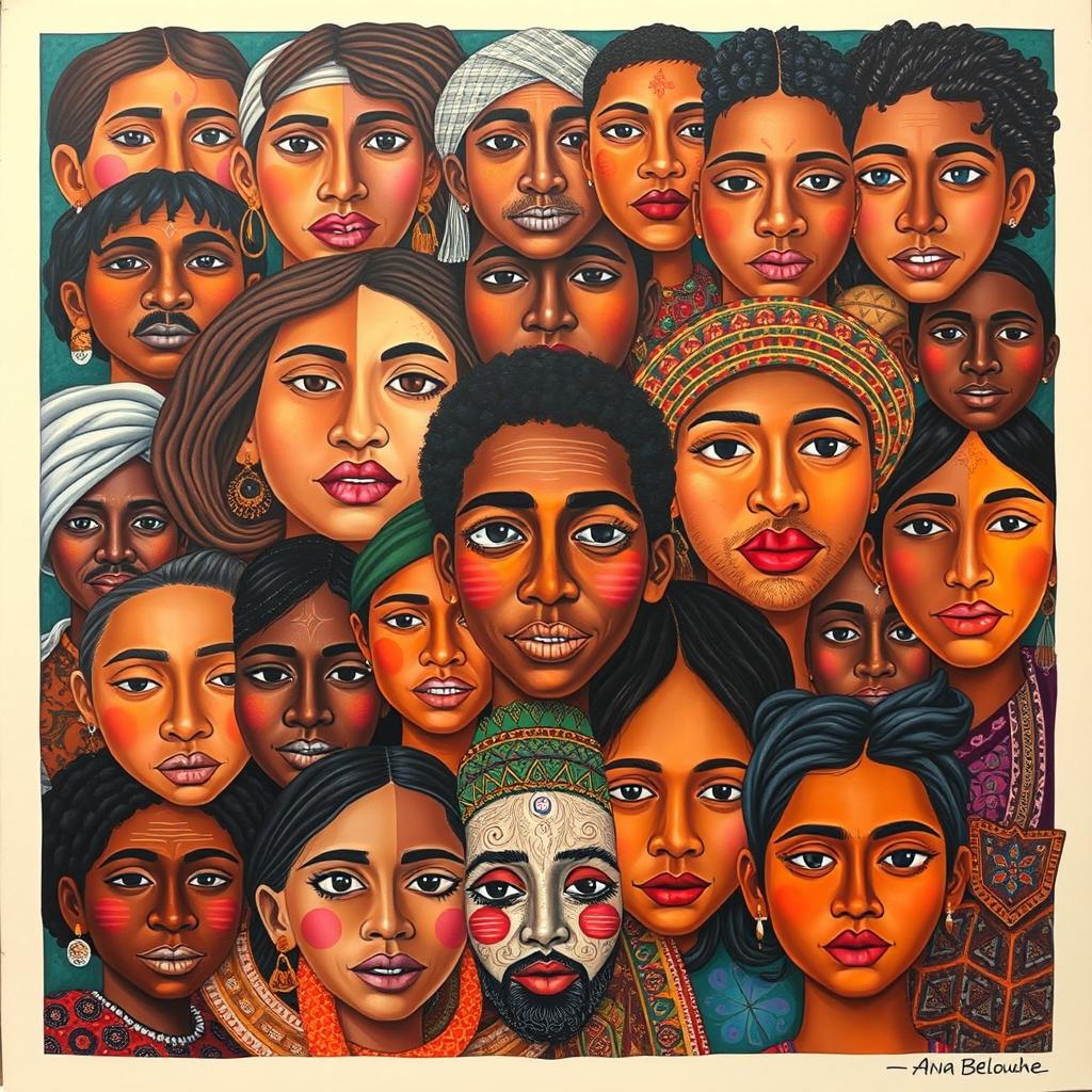 An artistic tribute to 'Cien Rostros, Cien Vidas' by Ana Belouche, showcasing a vibrant collage of diverse faces, each reflecting unique emotions and stories