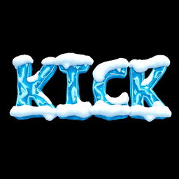 A visually striking 2D design featuring the word 'KICK' formed from solid blue ice, showcasing detailed icy textures and a frosty appearance