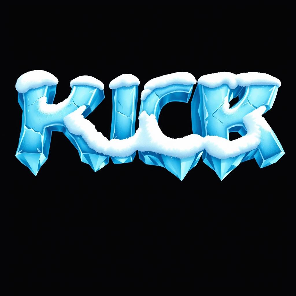 A visually striking 2D design featuring the word 'KICK' formed from solid blue ice, showcasing detailed icy textures and a frosty appearance