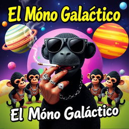 A vibrant music album cover featuring a black puppet character at the center, wearing stylish black space sunglasses and holding a cigarette in its mouth, from which smoke is rising