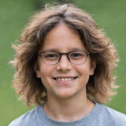 A boy with dark circles under his eyes, wearing glasses and smiling. He has long, tousled hair.