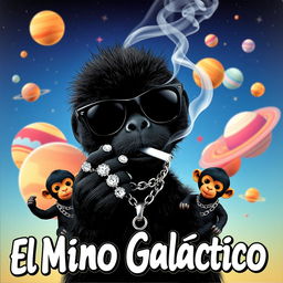 A vibrant music album cover featuring a black puppet character at the center, wearing stylish black space sunglasses and holding a cigarette in its mouth, from which smoke is rising