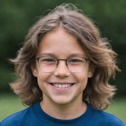 A boy with dark circles under his eyes, wearing glasses and smiling. He has long, tousled hair.