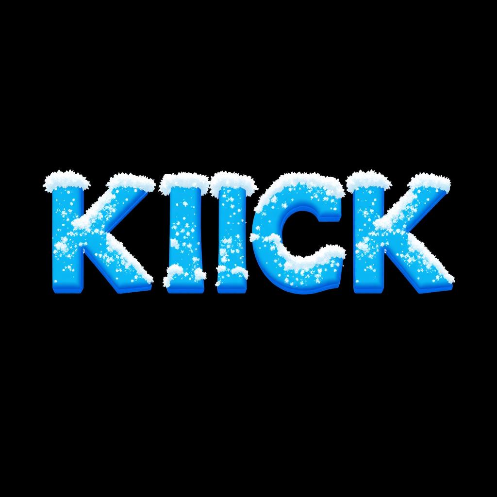 A vibrant 2D illustration of the word "KICK" styled with bold blue letters, set against a solid black background