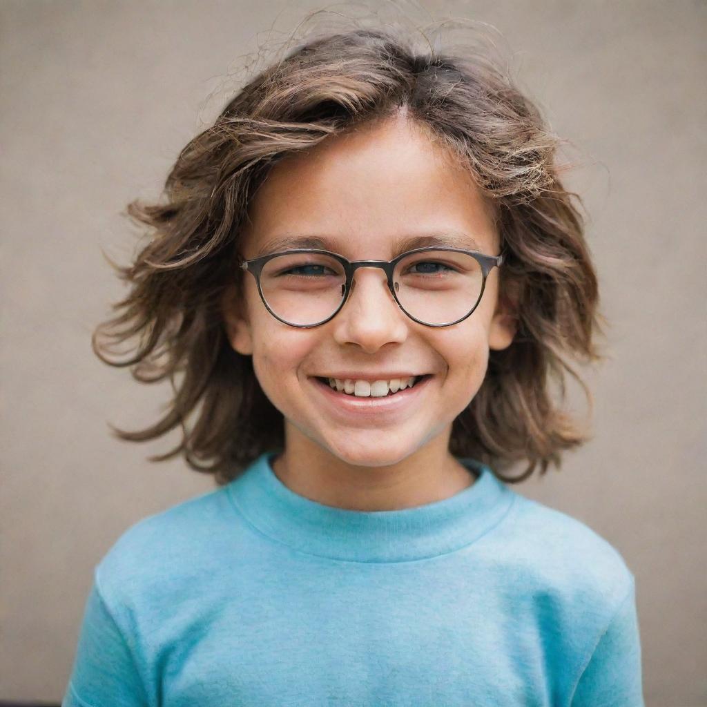 A boy with dark circles under his eyes, wearing glasses and smiling. He has long, tousled hair.