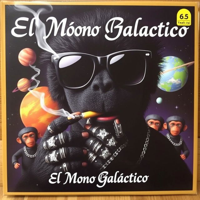 A music album cover featuring a black puppet character with space-themed black sunglasses