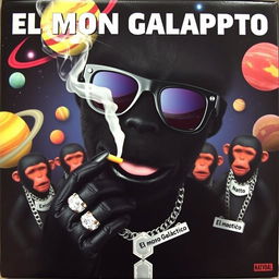 A music album cover featuring a black puppet character with space-themed black sunglasses